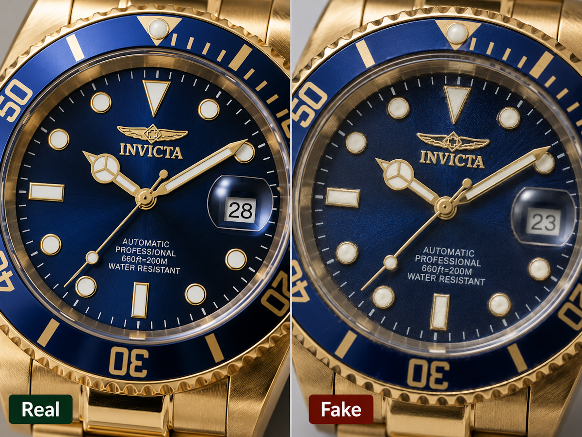 Invicta watch logo and dial close-up for authenticity inspection